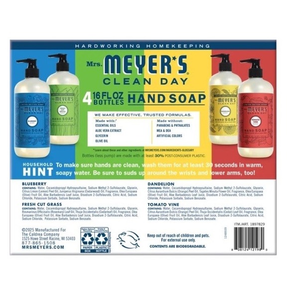 Mrs. Meyers Clean Day Hand Soap Variety Pack 4x16 Fl Oz Blueberries Dandelion - Picture 2 of 6